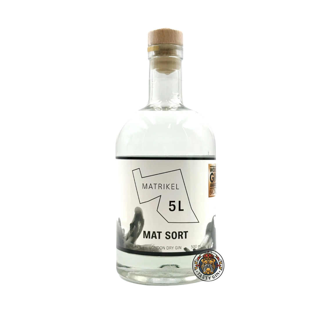 MAT SORT 5 Gin fra MATRIKEL 5L med sort flaske og 42 procent alkohol, bronzevinder ved World Gin Awards 2025
